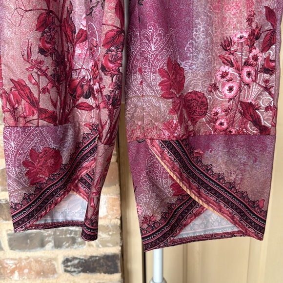 Boho Tulip Ankle Floral Pink & Red Wide-Leg Pants Elastic Waistband Pull-On - Picture 3 of 6